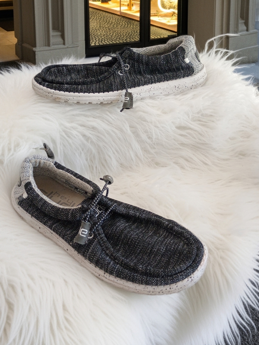 Hey Dude Men’s 9 Wally Stretch Knit Slip-Ons — Black and White Speckle